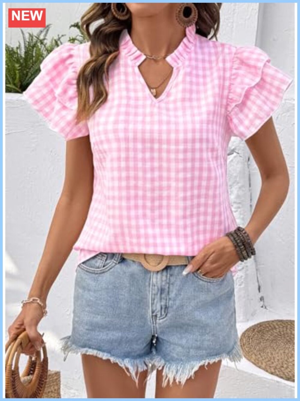 V Neck Ruffle Sleeve Peplum Blouse Gingham Plaid Cotton Blend Top - Picture 2 of 5